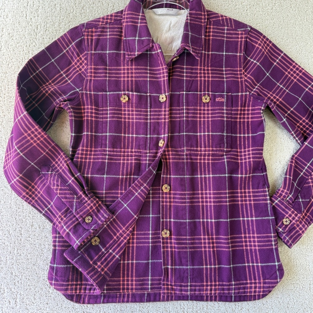 Stio Hutkeeper Flannel Shirt Womens S Purple Pink Plaid Organic 100062-606